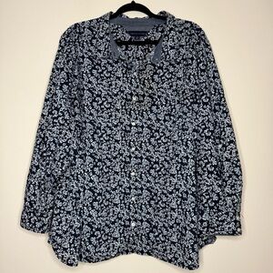 TOMMY HILFIGER Boho Blue Floral 100% Cotton Chambray Roll Tab Buttondown Shirt
